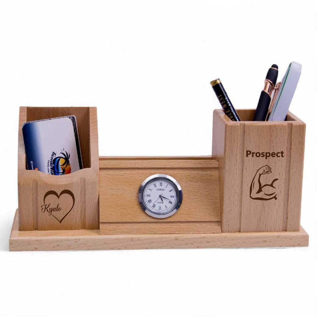 Personalized Wooden Desk Caddy with Clock