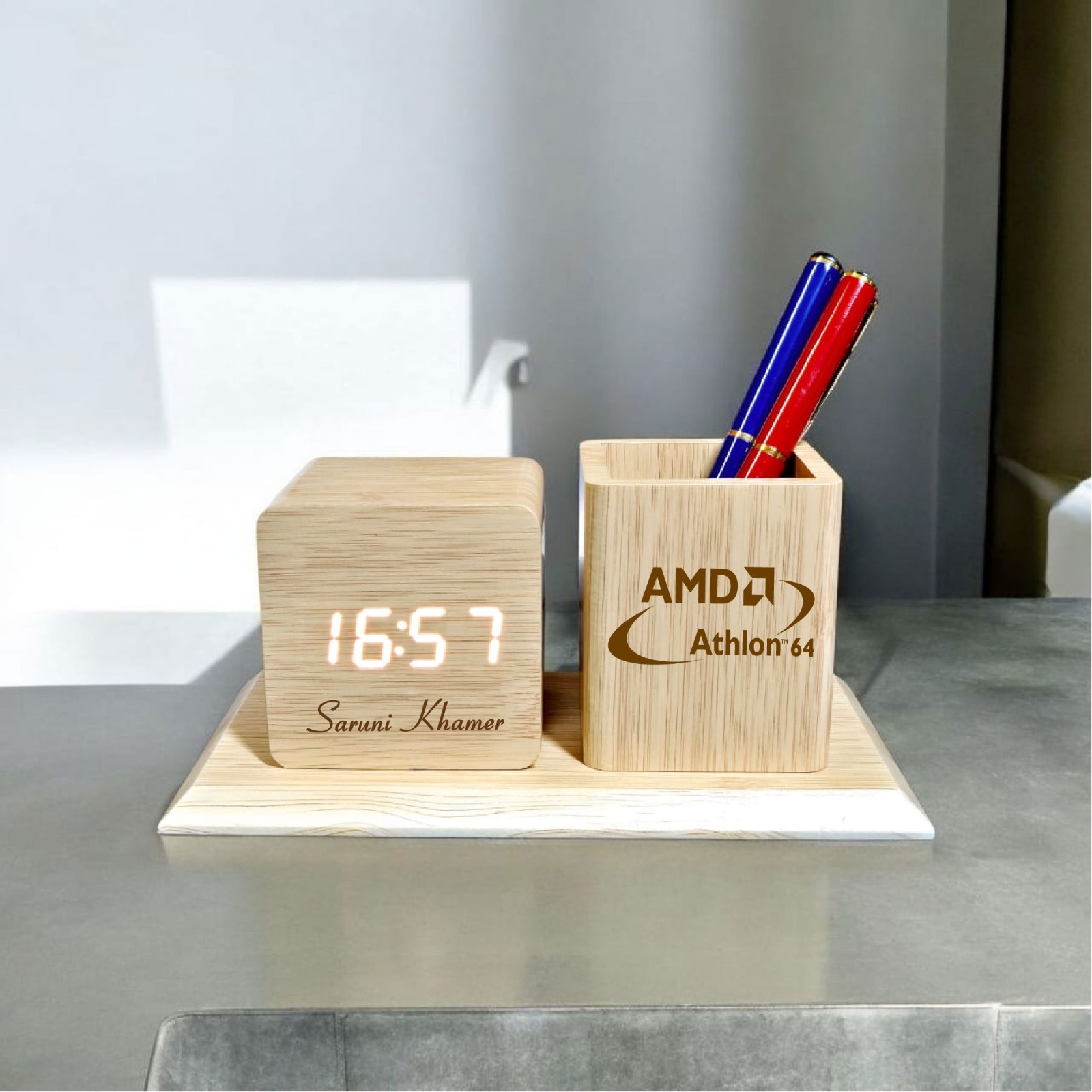 LED Wooden Desk Organizer