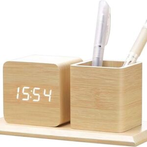 Executive Wooden Desk Clock & Pen Holder